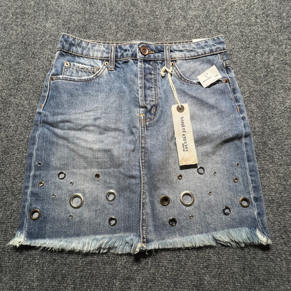 Band of Gypsies Denim Mini Skirt Grommet Eyelet Frayed Hem Blue Size 26 NEW punk